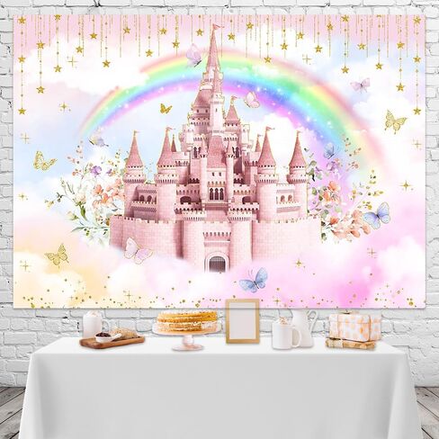 Mocsicka Princess Castle Birthday Backdrop Pink Cloudy Butterfly Pastel Rainbow Birthday Background Gold Glitter Stars Royal Birthday Party Cake Table Decoration Photo Booth Props (5x3ft) in Saudi Arabia