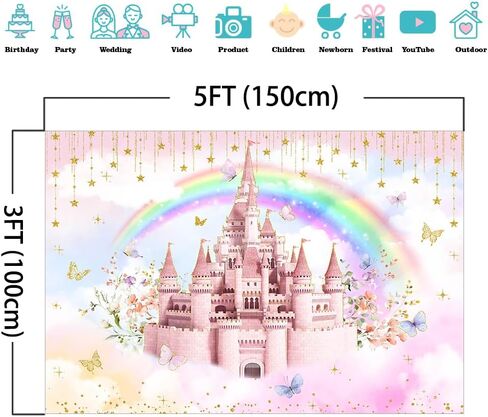 Mocsicka Princess Castle Birthday Backdrop Pink Cloudy Butterfly Pastel Rainbow Birthday Background Gold Glitter Stars Royal Birthday Party Cake Table Decoration Photo Booth Props (5x3ft) in Saudi Arabia
