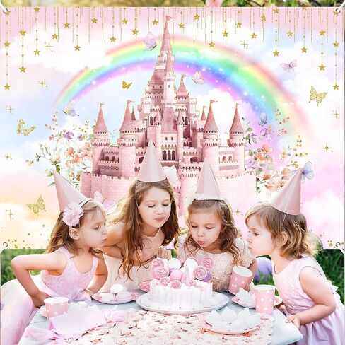 Mocsicka Princess Castle Birthday Backdrop Pink Cloudy Butterfly Pastel Rainbow Birthday Background Gold Glitter Stars Royal Birthday Party Cake Table Decoration Photo Booth Props (5x3ft) in Saudi Arabia