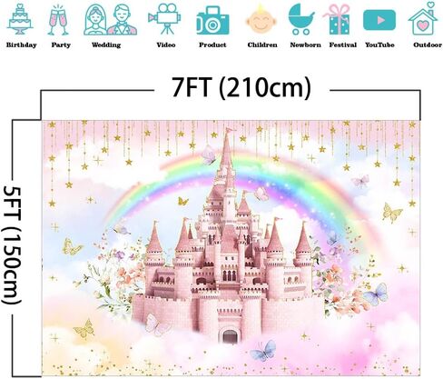 Mocsicka Princess Castle Birthday Backdrop Pink Cloudy Butterfly Pastel Rainbow Birthday Background Gold Glitter Stars Royal Birthday Party Cake Table Decoration Photo Booth Props (5x3ft) in Saudi Arabia
