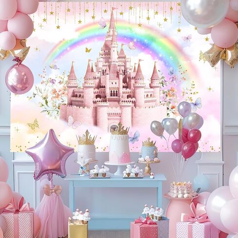 Mocsicka Princess Castle Birthday Backdrop Pink Cloudy Butterfly Pastel Rainbow Birthday Background Gold Glitter Stars Royal Birthday Party Cake Table Decoration Photo Booth Props (5x3ft) in Saudi Arabia
