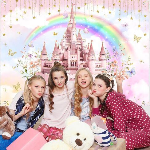 Mocsicka Princess Castle Birthday Backdrop Pink Cloudy Butterfly Pastel Rainbow Birthday Background Gold Glitter Stars Royal Birthday Party Cake Table Decoration Photo Booth Props (5x3ft) in Saudi Arabia