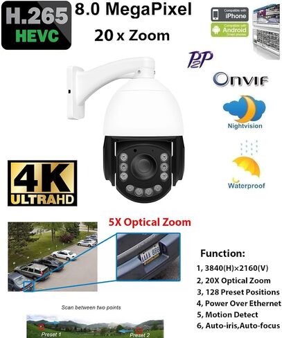GW Security 8MP Pan Tilt Zoom IP PoE 20X زووم بصري 4K 3840 x 2160p كاميرا PTZ ذات قبة أمنية داخلية خارجية مع رؤية ليلية بالأشعة تحت الحمراء 330 قدمًا (GW810PTZ) in Saudi Arabia