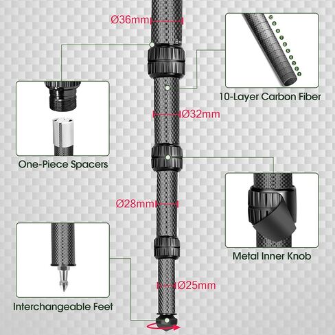 Manbily Camera Tripod, Carbon Fiber Tripod with 44mm Low Profile Ball Head, Heavy Duty Stable Camera Stand Detachable Monopod, 36mm Max Leg Tube, Max Load 44lbs/20kg (MC-364) in Kuwait