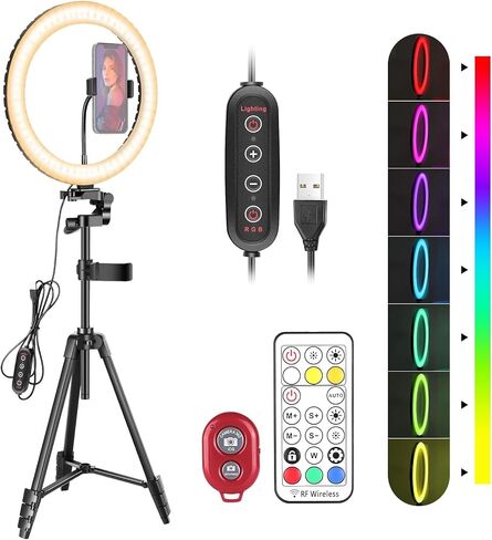 12" RGB Ring Light with Tripod Stand & 2 Phone Holders, Dimmable Selfie Ring Light with Remote Control, 3 Color & 26 RGB Modes Selfie Remote for Makeup/Live Streaming/YouTube/TikTok, RGB12-H in Saudi Arabia
