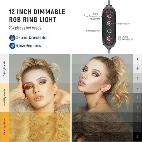12" RGB Ring Light with Tripod Stand & 2 Phone Holders, Dimmable Selfie Ring Light with Remote Control, 3 Color & 26 RGB Modes Selfie Remote for Makeup/Live Streaming/YouTube/TikTok, RGB12-H in Saudi Arabia
