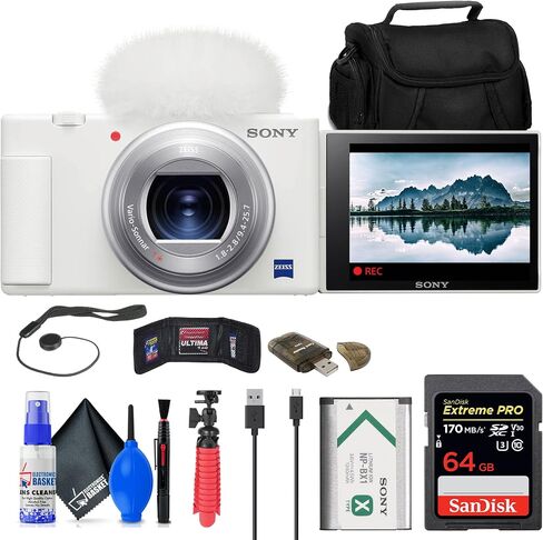 Sony ZV-1 Digital Camera (White) (DCZV1/W) + 64GB Memory Card + Case + Card Reader + Flex Tripod + Memory Wallet + Cap Keeper + Cleaning Kit (Renewed) in Saudi Arabia