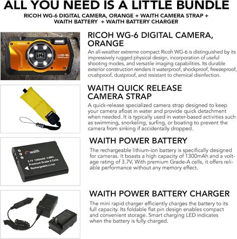 RICOH WG-6 Versatile 20MP Digital Camera with Durable Design | 4K Video Recording | High Resolution Camera with Waith Rechargeable Power Battery + Charger Combo, Waith Camera Strap Bundle Set in Saudi Arabia