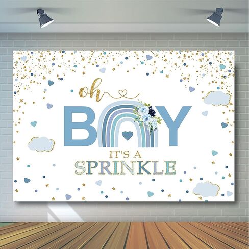 Avezano Blue Rainbow Baby Shower Backdrop for Boy Rainbow Baby Sprinkle Decorations Photography Background Pastel Rainbow Blue and Gold Confetti Oh Boy Party Photoshoot Decor (7x5ft) in Saudi Arabia