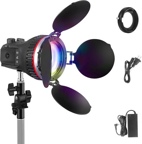 WELLMAKING RGB Video Light، 50W Full Color 3000K~6000K COB إضاءة مستمرة صامتة للتصوير الفوتوغرافي مع باب الحظيرة، عدسة فريسنل وحامل دوار 5 تأثيرات إضاءة، ضوء محمول AC/DC CRI 95+ in Kuwait