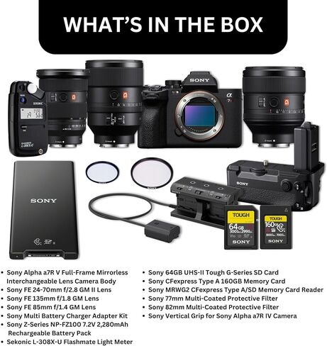 هيكل كاميرا Sony Alpha a7R V كامل الإطار بدون مرآة قابلة للتبديل - 61 ميجابكسل - نظام التركيز التلقائي وحزمة تسجيل فيديو 4K مع FE 24-70 مم، FE 135 مم، FE 85 مم، وملحقات (13 قطعة) in Saudi Arabia