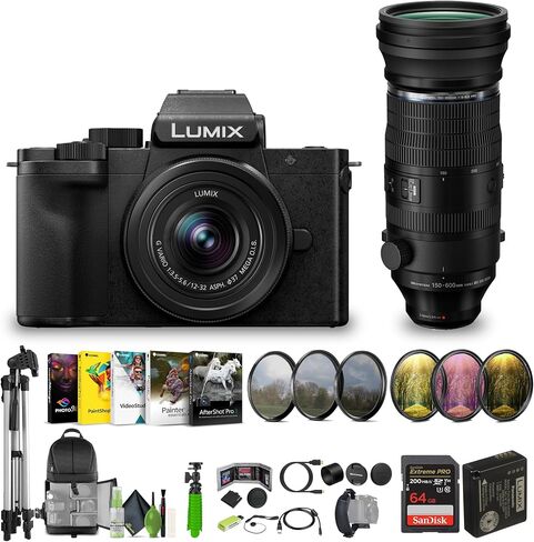 Panasonic Lumix G100D 4K Mirrorless Vlogging Camera, 5-Axis Hybrid I.S, Vlogger Kit Bundle with OM SYSTEM M.Zuiko Digital ED 150-600mm f/5-6.3 IS (Micro Four Thirds) and 12-32mm Lens + Accessories in Saudi Arabia