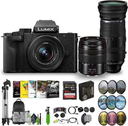 كاميرا باناسونيك لوميكس G100D 4K بدون مرآة مع عدسة 12-32 مم وعدسة G Vario 45-150 مم، حزمة أدوات تسجيل الفيديو مع نظام OM M.Zuiko Digital ED 150-600 مم f/5-6.3 IS (مايكرو أربعة ثلثي) + الملحقات in Saudi Arabia