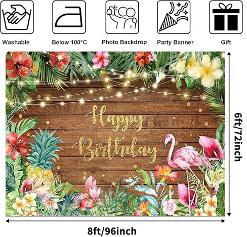 Avezano Tropical Flamingo Birthday Backdrop for Girls Hawaiian Party Decorations Summer Wood Floral Leaves Lights Luau Happy Birthday Party Banner Photoshoot Photography Background (7x5ft) in Kuwait