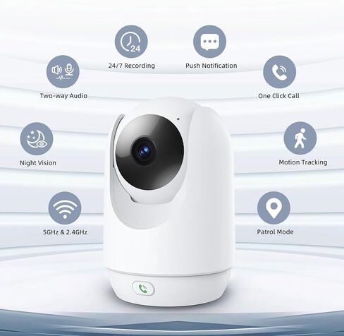 كاميرا أمان داخلية، كاميرات واي فاي 5G 2.4G للمنزل مع دورية، كاميرا للحيوانات الأليفة/الأطفال مع تطبيق الهاتف، مكالمة بنقرة واحدة، عموم/إمالة، صوت ثنائي الاتجاه، اكتشاف الإنسان، تتبع تلقائي، 24/7، تعمل مع Alexa in Kuwait