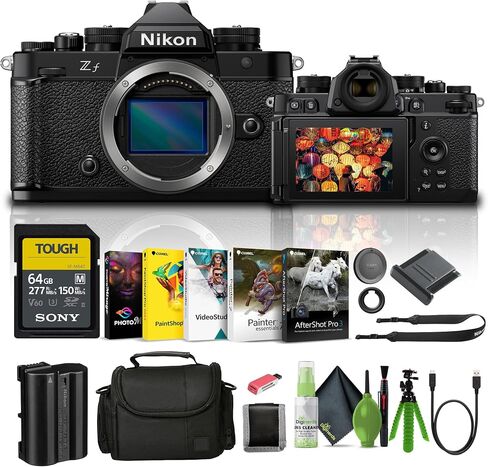 كاميرا Nikon Zf مزودة بمستشعر 24.5 ميجابكسل وكاميرا بدون مرآة لتسجيل الفيديو بدقة 4K (1761) + بطاقة سعة 64 جيجابايت + حقيبة + قارئ بطاقات + برنامج Corel للصور + حامل ثلاثي القوائم مرن + محفظة ذاكرة + طقم تنظيف + حافظة للغطاء (متجددة) in Saudi Arabia