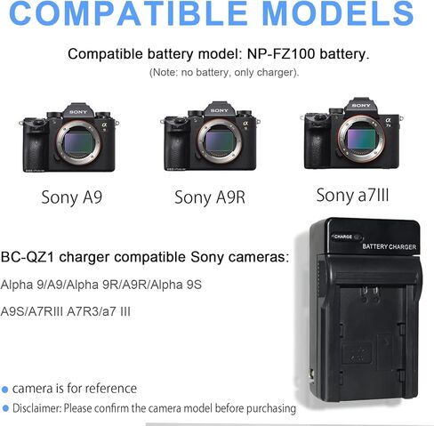 شاحن بطارية NP-FZ100 شاحن BC-QZ1 مع قابس متوافق مع كاميرات Sony Alpha 9 وA9 وAlpha 9R وA9R وAlpha 9S A9S وA7RIII A7R3 وa7 II وغيرها من الكاميرات in Kuwait
