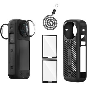 Insta 360 x4 Silicone Case with Strap Lens Guard Set Screen Protector for Insta360 X4 X 4 Accessories Kit Soft Bag Sleeve Cover (Black)