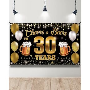 Cheers & Beers to 30 Years Backdrop Banner, Happy 30th Birthday Decorations for Men Women, 30th Anniversary Decor, Black Gold 30 Year Old Birthday Party Sign Poster Supplies, 6.1ft x 3.6ft