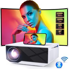 جهاز عرض مزود بواي فاي وبلوتوث، جهاز عرض صغير أصلي 1080 بكسل 18000 لومن، جهاز عرض فيديو محمول متوافق مع iOS/Android/TV Stick/PS4/HDMI/PPT/USB (أبيض) in Kuwait