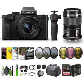 Panasonic Lumix G100D 4K Mirrorless Vlogging Camera with Tripod Grip, YouTube Vlogger Kit Bundle with M.Zuiko Digital ED 60mm f/2.8 Macro Lens Micro Four Thirds and 12-32mm Lens + Vlog Accessories