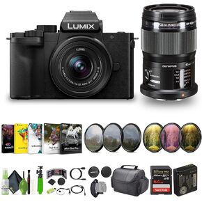 Panasonic Lumix G100D 4K Mirrorless Vlogging Camera, 5-Axis Hybrid I.S, YouTube Vlogger Kit Bundle with M.Zuiko Digital ED 60mm f/2.8 Macro Lens Micro Four Thirds and 12-32mm Lens + Vlog Accessories