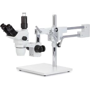 AmScope ZM-4TNW3 Professional Trinocular Stereo Zoom Microscope, EW10x and EW25x Eyepieces, 2X-225X Magnification, 0.67X-4.5X Zoom Objective, Ambient Lighting, Double-Arm Boom Stand, Includes 0.3x and 2.0x Barlow Lenses
