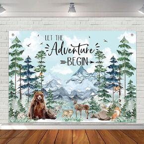 Avezano Woodland Baby Shower Backdrop Woodland Animals Baby Shower Decorations Adventure Forest Mountain Wilderness Photography Background Let The Adventure Begin Banner (7x5ft, Blue)