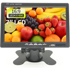 7 inch Security Monitor & Displays, HD/AV/VGA Input, 1024 * 600 Resolution, Built-in Speakers Portable LCD Monitor, Suitable for Game DSLR CCTV PC DVD TV BOX