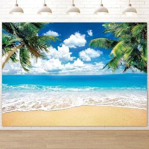Hawaiian Beach Ocean Backdrop, 7X5FT Cloth Fabric Summer Tropical Party Background for Indoor and Outdoor Decoration, Palm Tree Sea Backdrop Banner for Photoshoot, Reusable and Washable