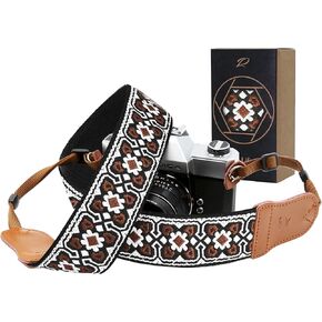Padwa Lifestyle Camera Strap - 2" Wide Double Layer Cowhide Head Cotton Strap,Vintage Jacquard Embroidery Universal Neck & Shoulder Camera Straps for Photographers and All DSLR Cameras (Brown flower)