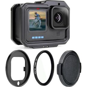 Aluminum Frame Case for Gopro 12 11 10 9 Black, Magnetic Fingers Protective Video Cage Side Open Housing Case with 52mm UV Lens Filter&Detachable Filter Base&Lens Cap for GoPro Accessories