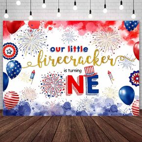 7x5ft Firecracker 1st Birthday Backdrop Red White and Blue Our Little Firecracker is Turning One Background 4th of July Independence Day Party Decorations Banner Photo Prop