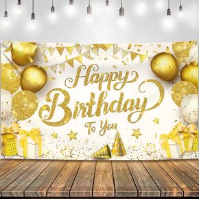 KatchOn, Gold Happy Birthday Sign - XtraLarge, 72x44 Inch | Shiny Happy Birthday Backdrop for White and Gold Birthday Decorations | Gold Happy Birthday Banner for Happy Birthday Decorations for Women