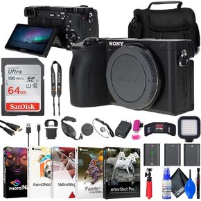 Sony a6600 Mirrorless Camera (ILCE6600/B) + 2 x NP-FZ100 Compatible Battery + 64GB Card + Card Reader + LED Light + Corel Photo Software + HDMI Cable + Case + Flex Tripod + Hand Strap + More (Renewed)