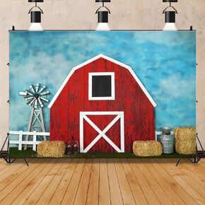Red Barn Door Haystack Photography Backdrop Farm Theme Children Harvest Birthday Photography Background Cake Table Decoration Banner Background Vinyl 7ftx5ft