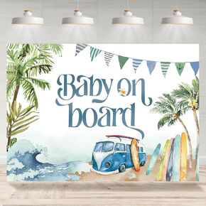 Baby on Board Backdrop Baby Shower Summer Beach Surfboard Photography Background Surfing Boy Baby Shower Party Decorations Cake Table Banner Supplies Photo Booth Studio Props 7x5ft