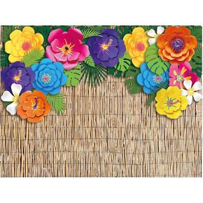 7x5ft Fabric Hawaiian Beach Photography Backdrop Aloha Luau Party Decorations Tropical Hibiscus Flower Palm Leaves Reed Luau Banner Background Props Birthday Party Supplies