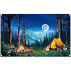 72x43inch Fabric Forest Night Scene Camping Backdrop Campfire Tent Photography Background Adventure Party Decorations Birthday Photo Banner Portrait Booth