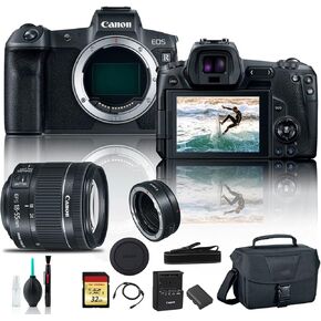 Canon EOS R Mirrorless Digital Camera 3075C002 with Canon EF Mount Adapter, Canon EF-S 18-55mm Lens, Bag, 32GB Card and More (Renewed)