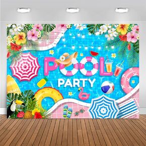 Mocsicka Summer Pool Party Backdrop Swimming Beach Ball for Kids Girls Birthday Party Decorations Pool Flamingo Lifebuoy Summer Photography Background (Blue, 6x4ft(72''x48''))