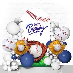 Baseball Arch Backdrop Stand Cover 4ft Sports Baseball Spandex Arch Cover Backdrop Fabric 2-Sided Birthday Round Top Backdrop Cover for Boys Baby Shower Birthday Party Background