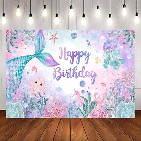Mermaid Birthday Backdrop Under The Sea Mermaid Happy Birthday Backdrop Watercolor Mermaid Tail Birthday Party Supplies Photography Background 70.8x43.3in