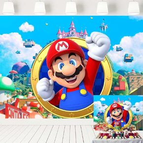 Super Mario Party Decorations Backdrop Video Game Mario Bros Theme Background Kids Party Supplies Mario Ring Banner for Cake Table 5x3 ft 529
