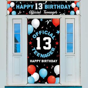 13th Birthday Backdrop Banner Decorations Kit, Happy 13th Birthday Decoration for Boys Girls, Official Teenager 13 Year Old Birthday Party Door Yard Sign Photo Props Supplies, Fabric, Blue