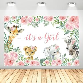 Safari Baby Shower Backdrop Decorations, Jungle Animal Theme Baby Shower Party Supplies for Girl, It’s a Girl Backdrop, Safari Jungle Animal Theme Party Background Photo Booth Banner | 5x3ft