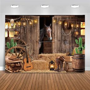 Mocsicka Western Cowboy Backdrop Western Party Decorations Wild West Rodeo Party Decorations Rustic Barn Door Horse Western Theme Photography Background Party Supplies(Brown, 7x5ft(82"x60"))