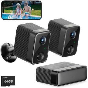 2pcs Security Camera Wireless Outdoor with HomeBase, Battery Powered Camera IP66, Cloud Storage&Free 64G SD Card, Motion Detection 1080P Night Vision (Not Compatible with K03-A)