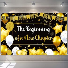 Frienda Retirement Farewell Party Decorations Beginning of a New Chapter Decor Retirement Banner for Party Sign Extra Large Black Gold Backdrop for Miss You Going Away, 71 x 43 Inch