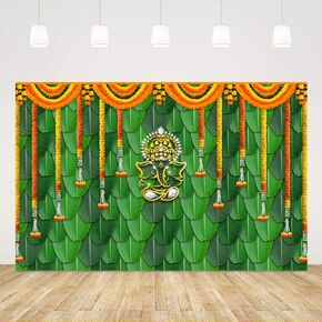 Pooja Backdrop Decoration Cloth Items Indian Ganpati Puja Traditional Chatiya Ganesh Mehndi Photography Background Festival Wedding Party Marigold Garlands Photo Booth Props Banner 5x3ft